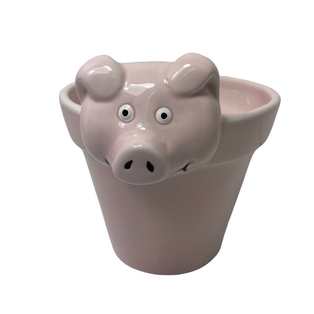 1998 Lotus Pink Pig Ceramic Planter Pot 4.75 inches high